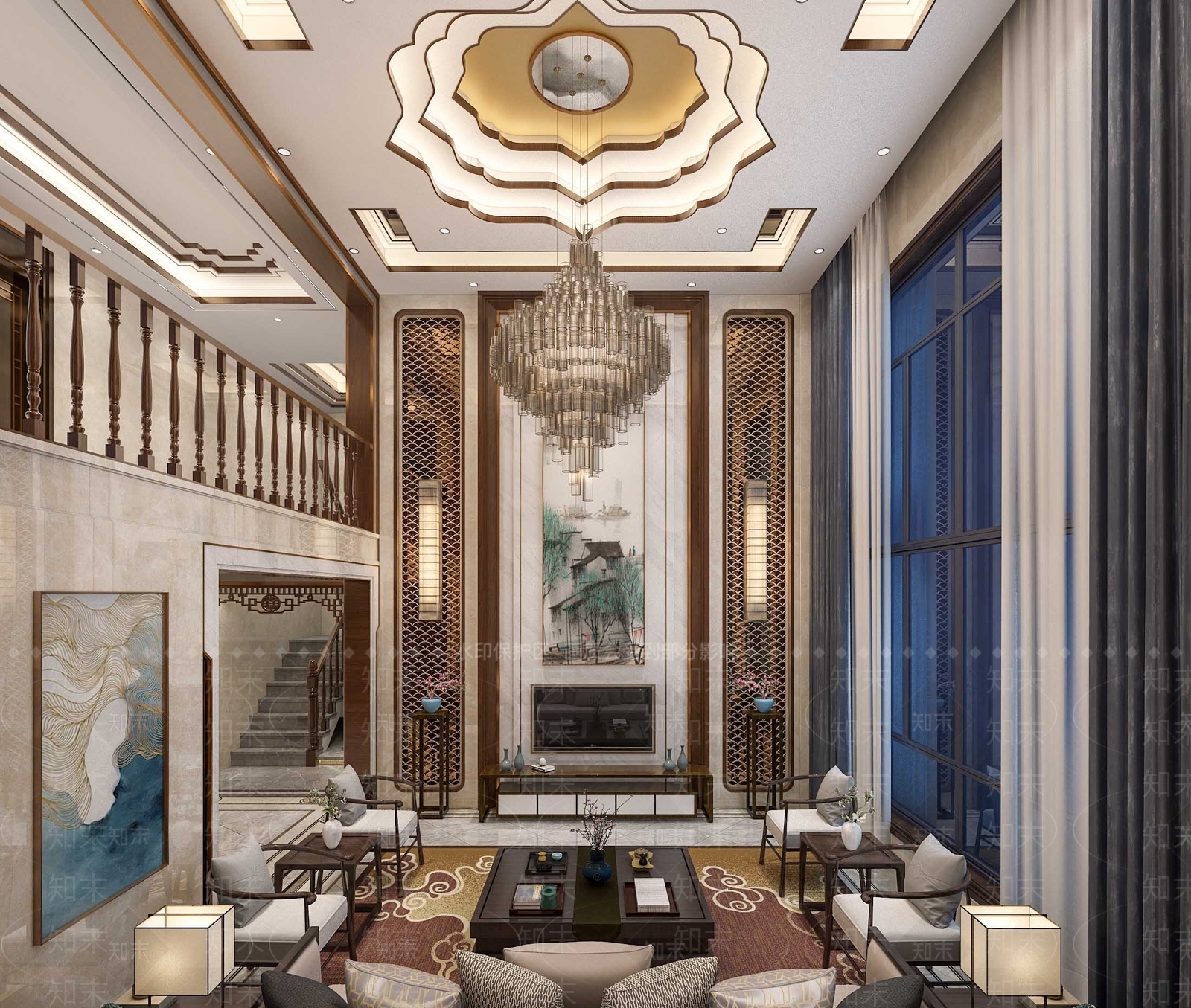 新中式复式客厅3D模型下载【ID:864258263】