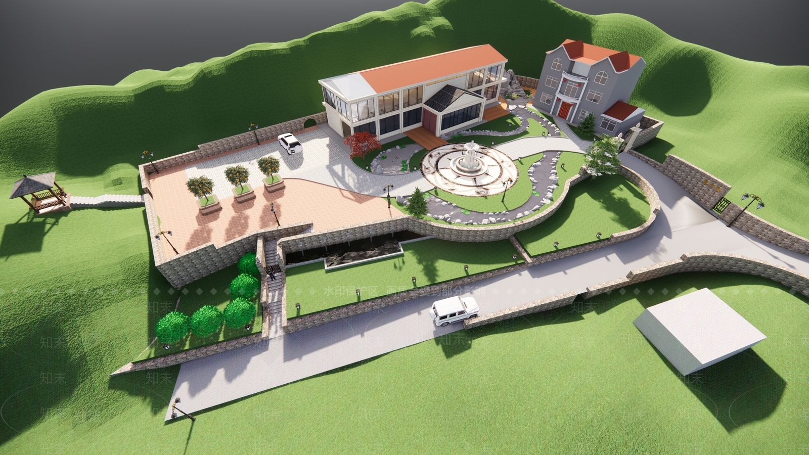 欧式风格独栋别墅景观设计SU模型下载【ID:264277392】