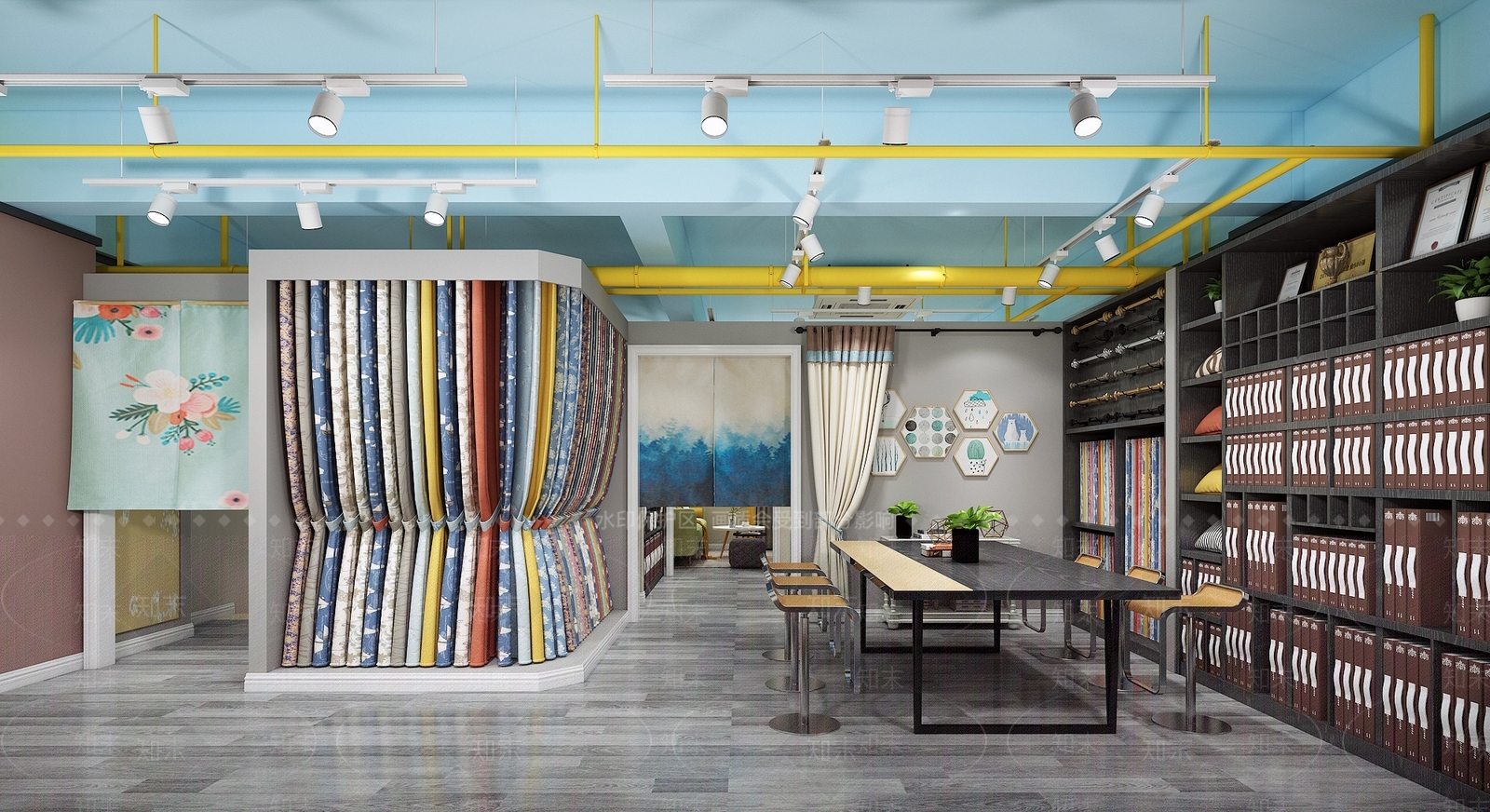现代窗帘壁纸专卖店3D模型下载【ID:564537482】