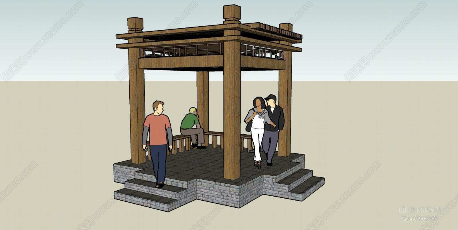 中式防腐木景观亭SU模型下载【ID:443901869】