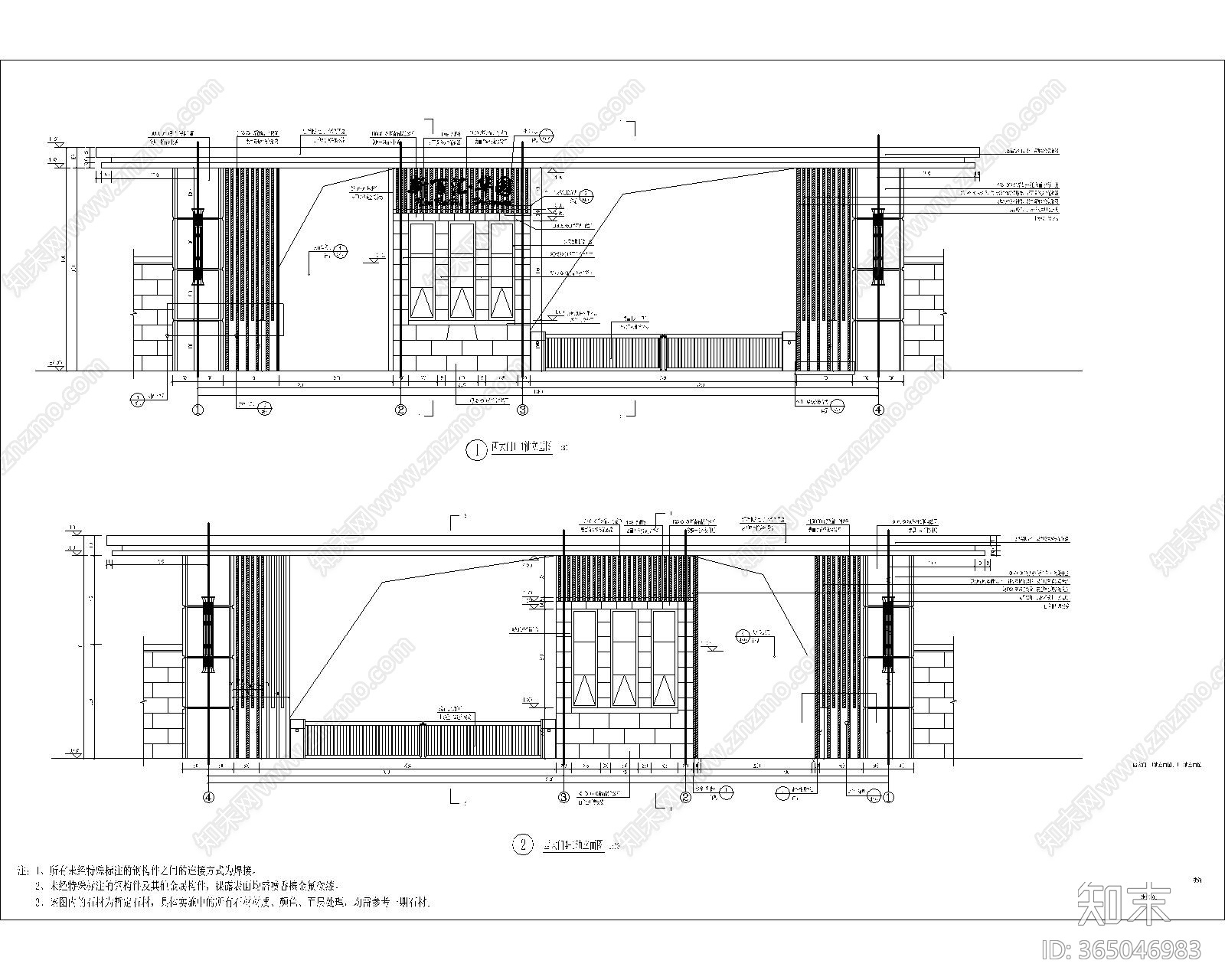 园林景观居住区示范区新中式建筑大门cad施工图下载【ID:365046983】