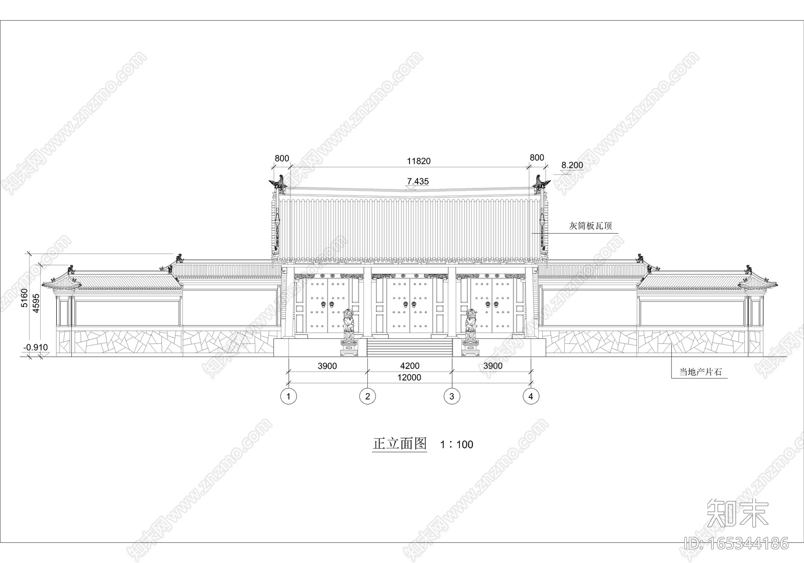 王府大门立面图cad施工图下载【ID:165344186】