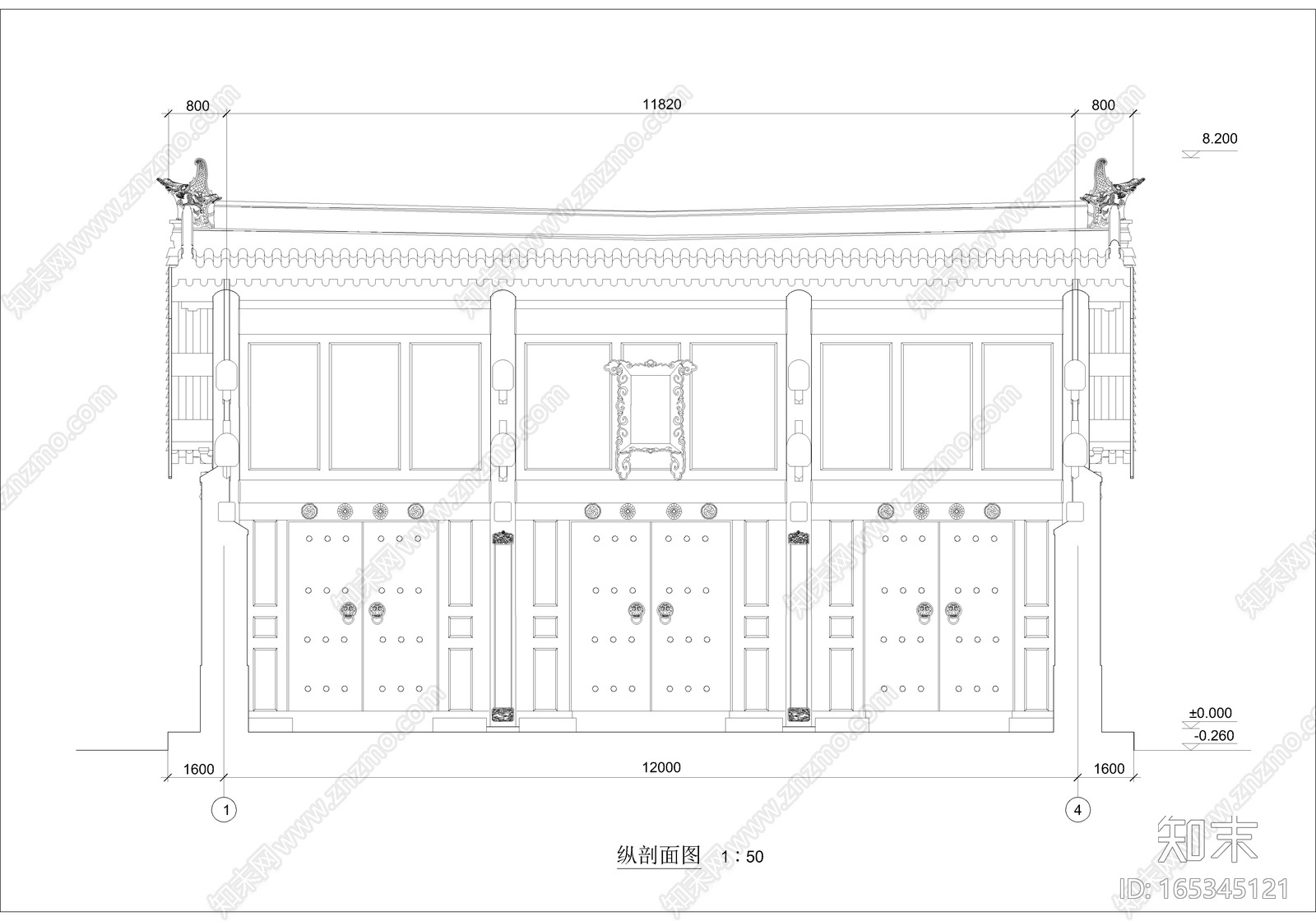 王府大门立面图2cad施工图下载【ID:165345121】