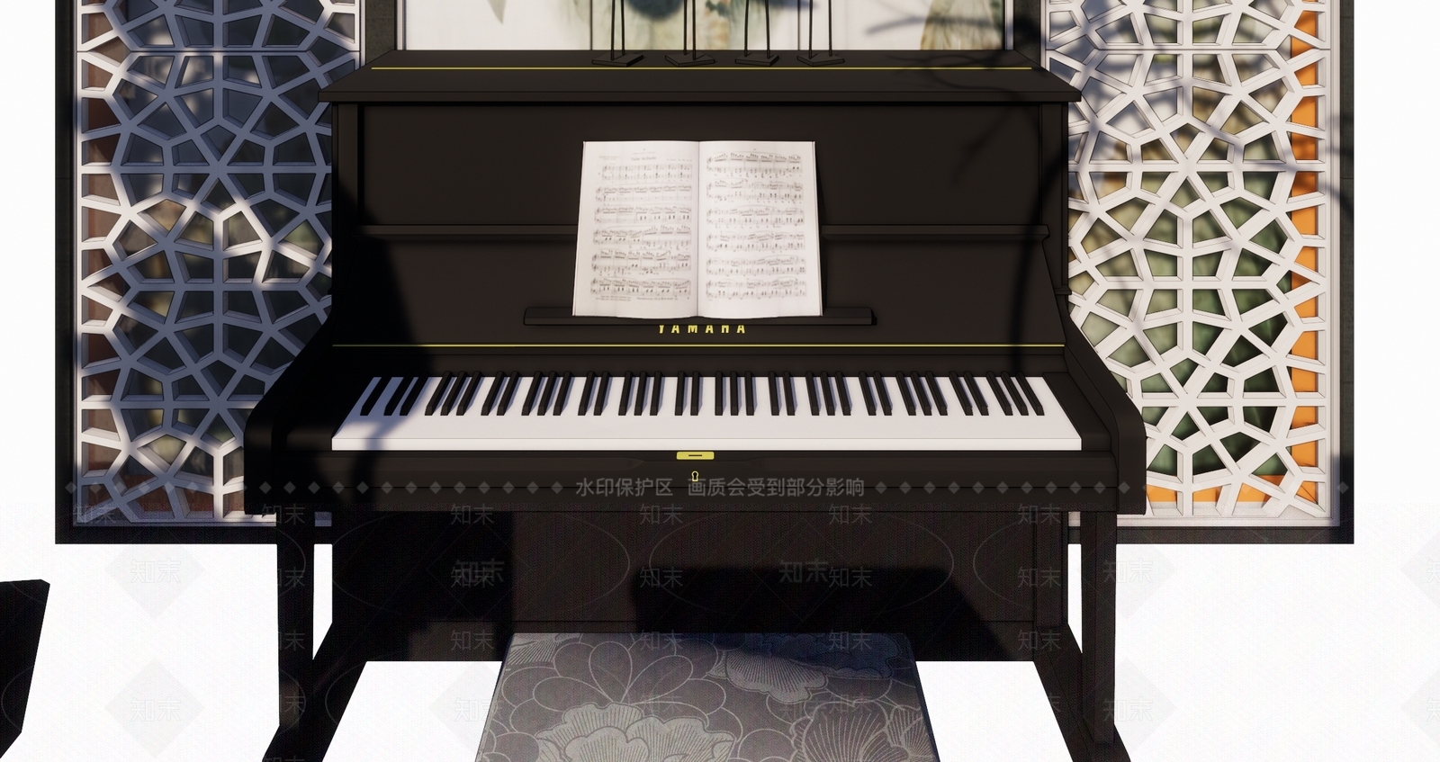 新中式风格钢琴房SU模型下载【ID:565343958】