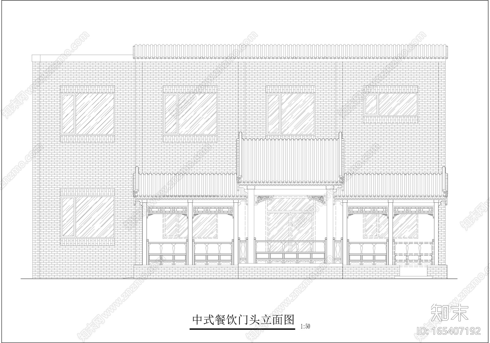 中式餐厅门头装修外立面cad施工图下载【ID:165407192】