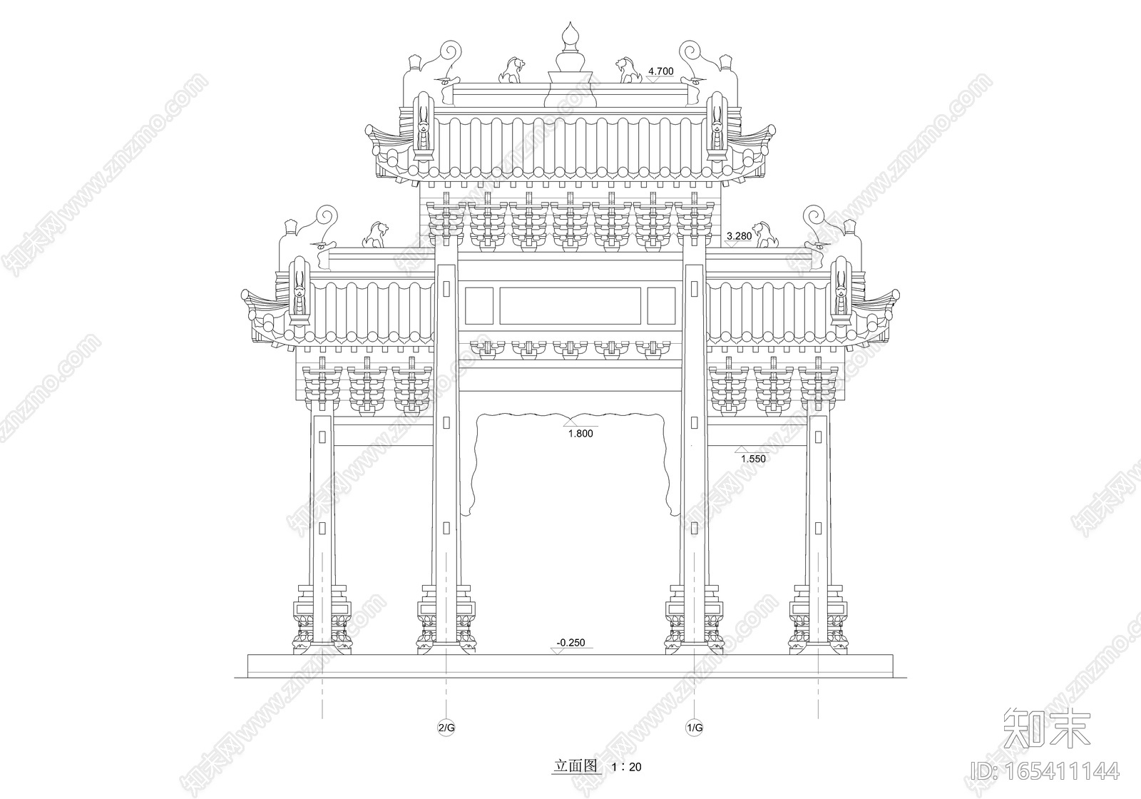 中式牌坊正立面图I施工图下载【ID:165411144】