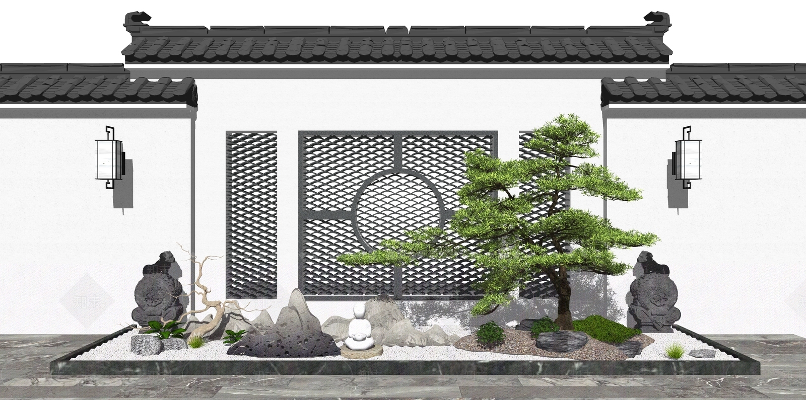 新中式假山景观树SU模型下载【ID:565450900】