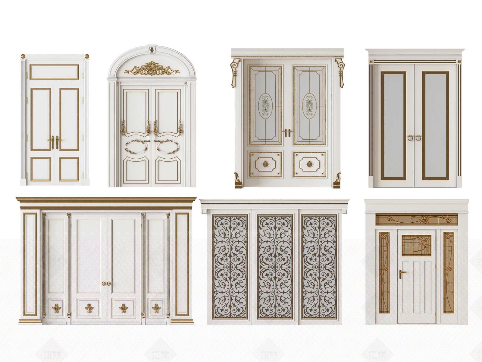 简欧雕花实木玻璃木门3D模型下载【ID:965832817】