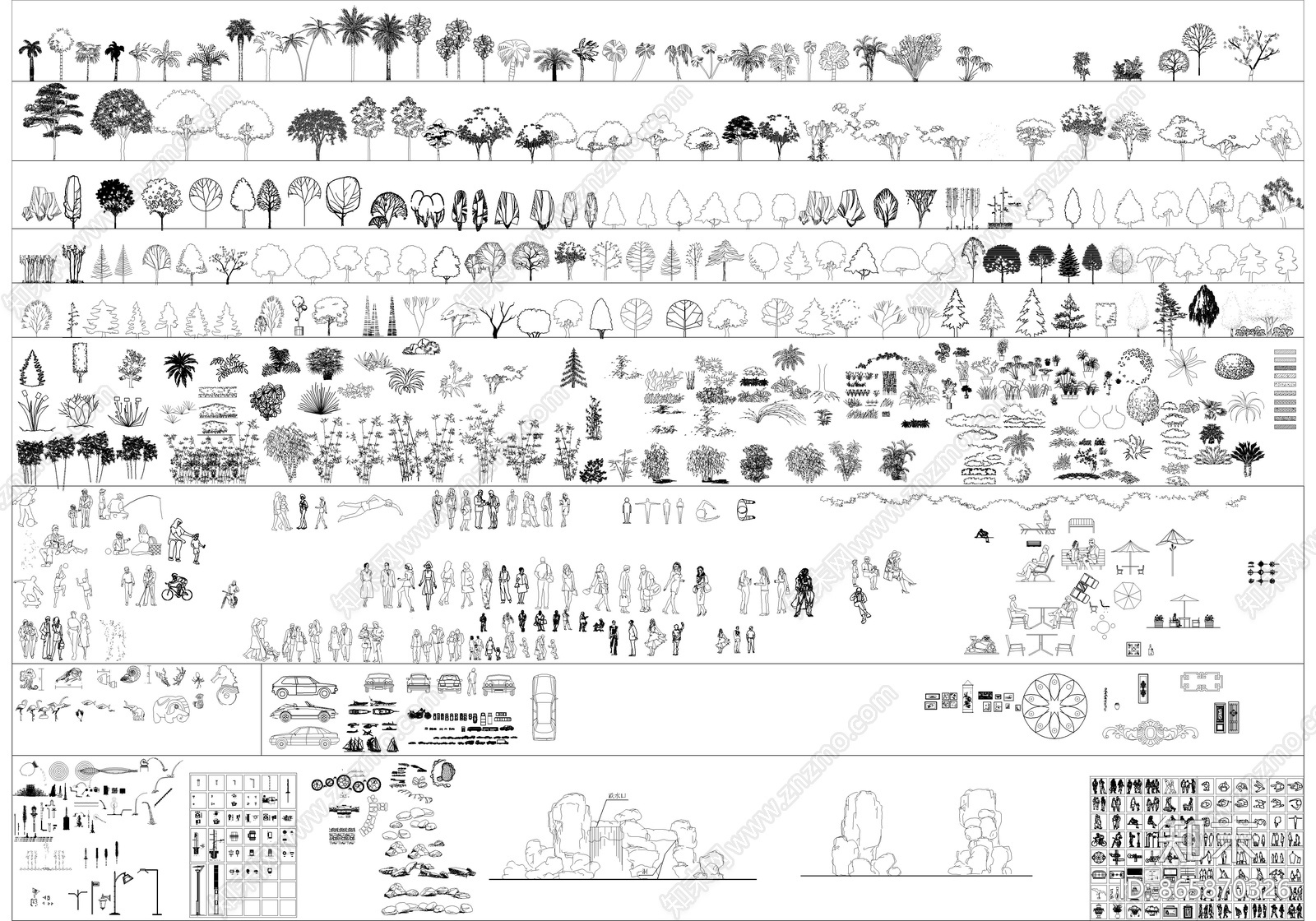 园林景观人物植物立面素材库cad施工图下载【ID:865870326】