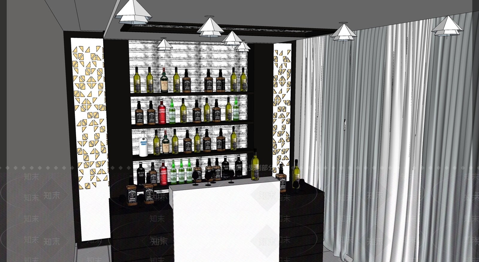 现代风格酒吧吧台吧椅组合SU模型下载【ID:766617416】