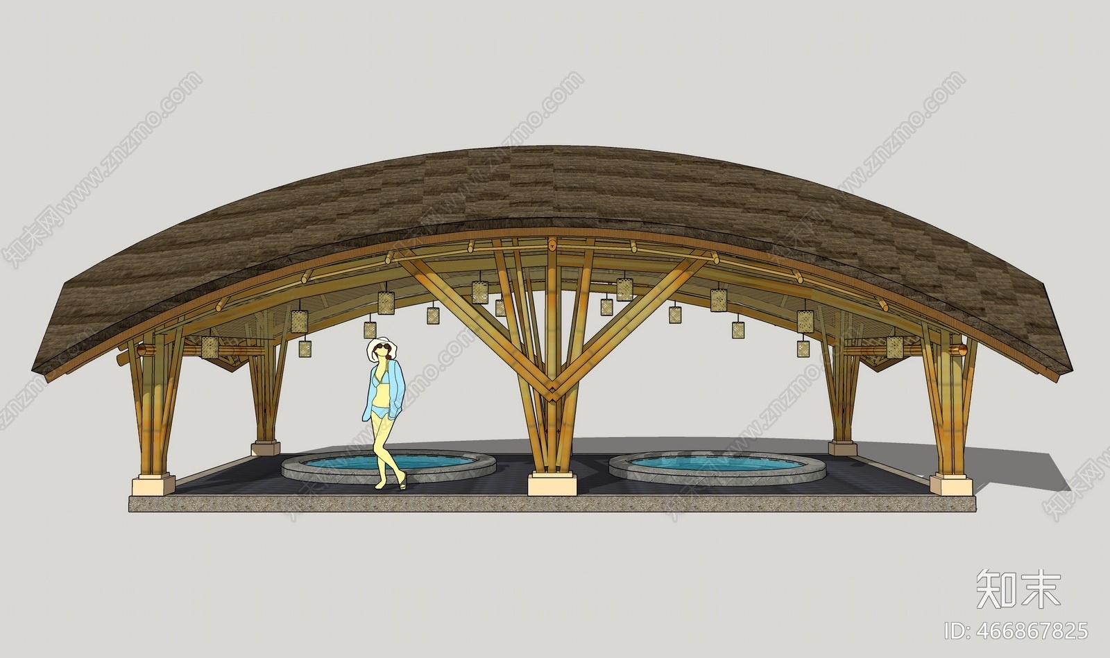 现代温泉茅草亭SU模型下载【ID:466867825】