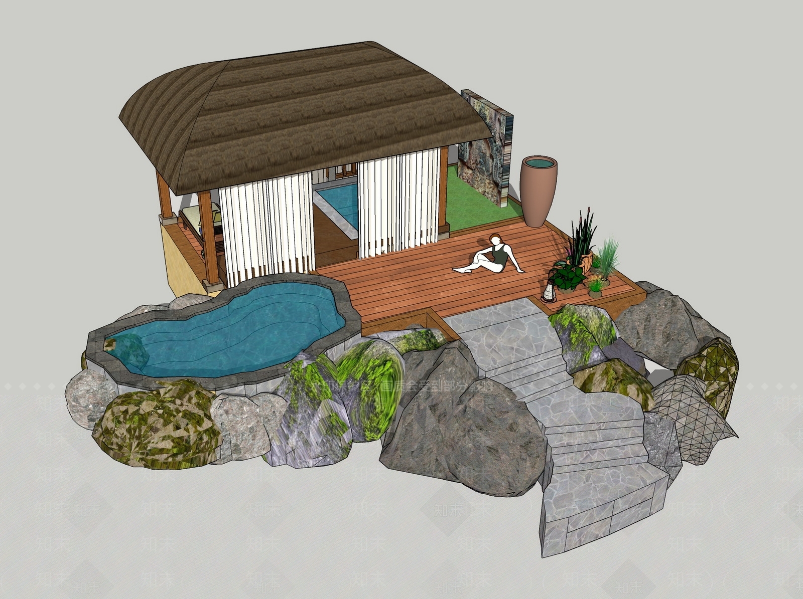 现代温泉茅草亭SU模型下载【ID:466867826】