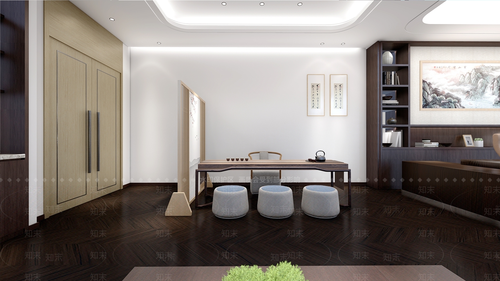 新中式风格办公室屏风茶几SU模型下载【ID:367438088】