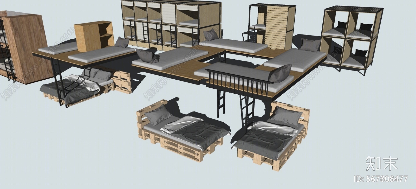 现代风格双层床SU模型下载【ID:567808477】