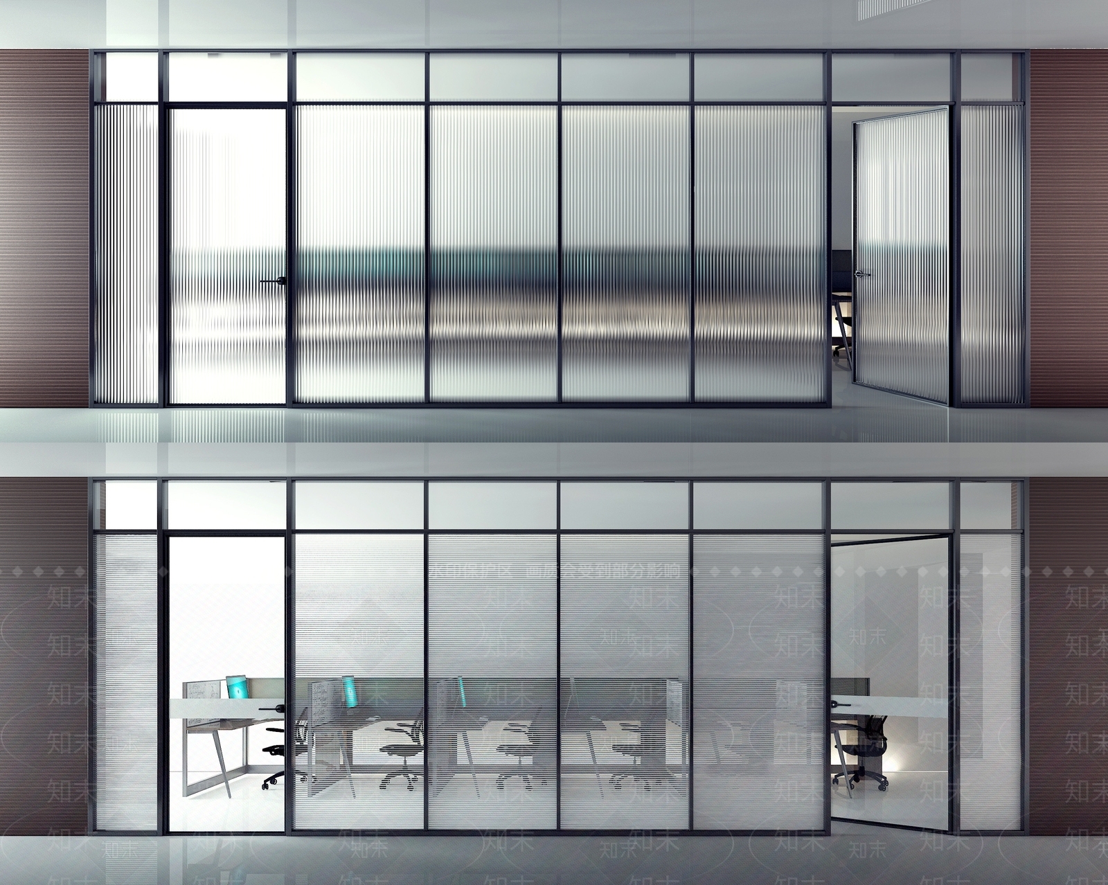 现代办公室玻璃隔断3D模型下载【ID:968247398】