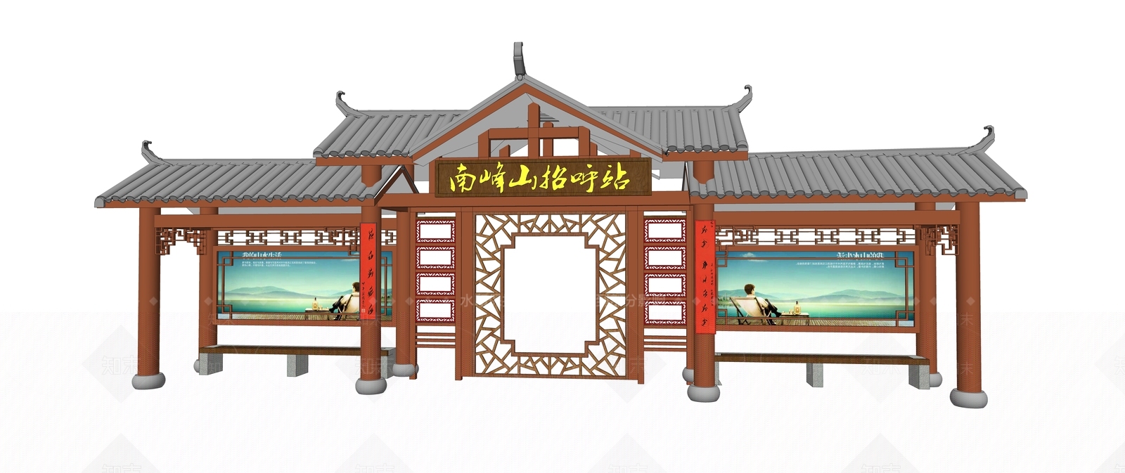 中式风格公交站台SU模型下载【ID:168829926】