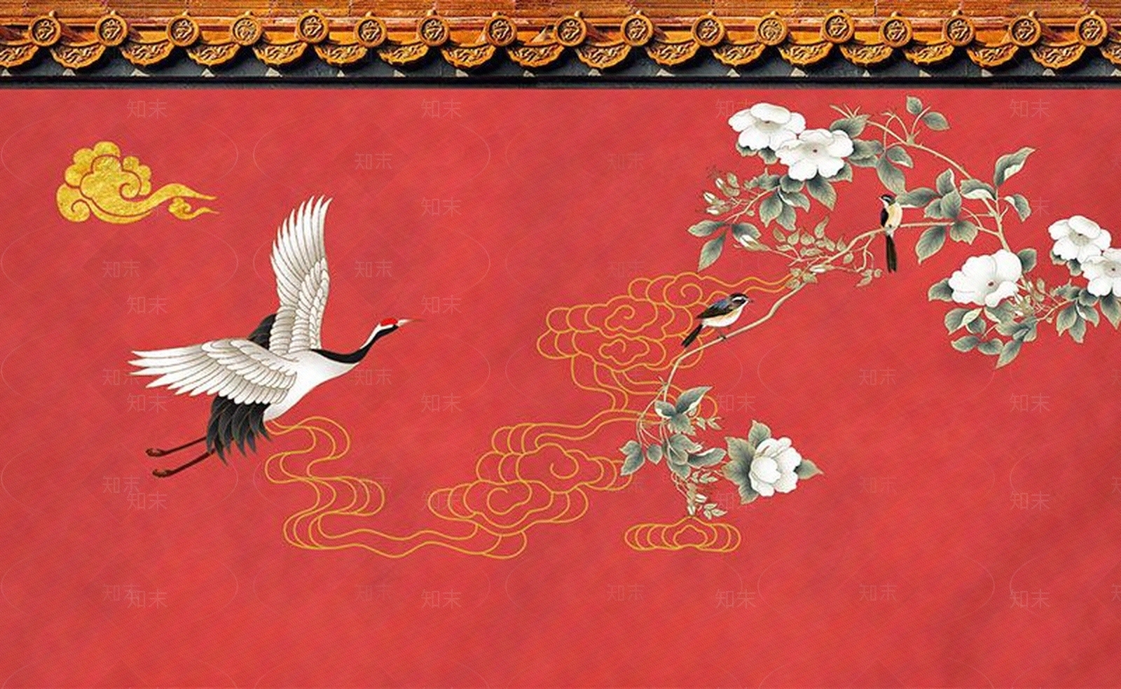 中式古典简约淡雅花鸟仙鹤祥云城墙屋檐背景贴图下载【ID:568897178】