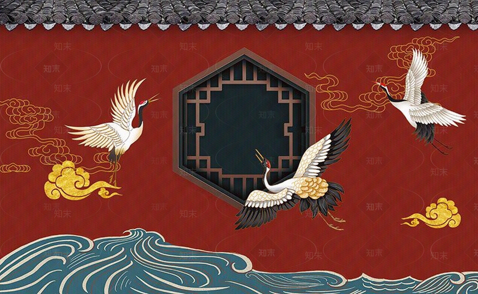 中式古典简约淡雅花鸟仙鹤祥云故宫红城墙屋檐背景贴图下载【ID:568897187】