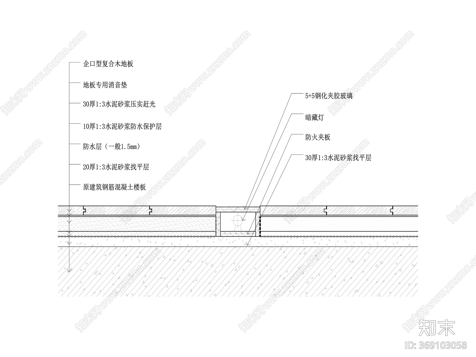 木地板与玻璃和地灯剖面节点大样施工图下载【ID:369103058】