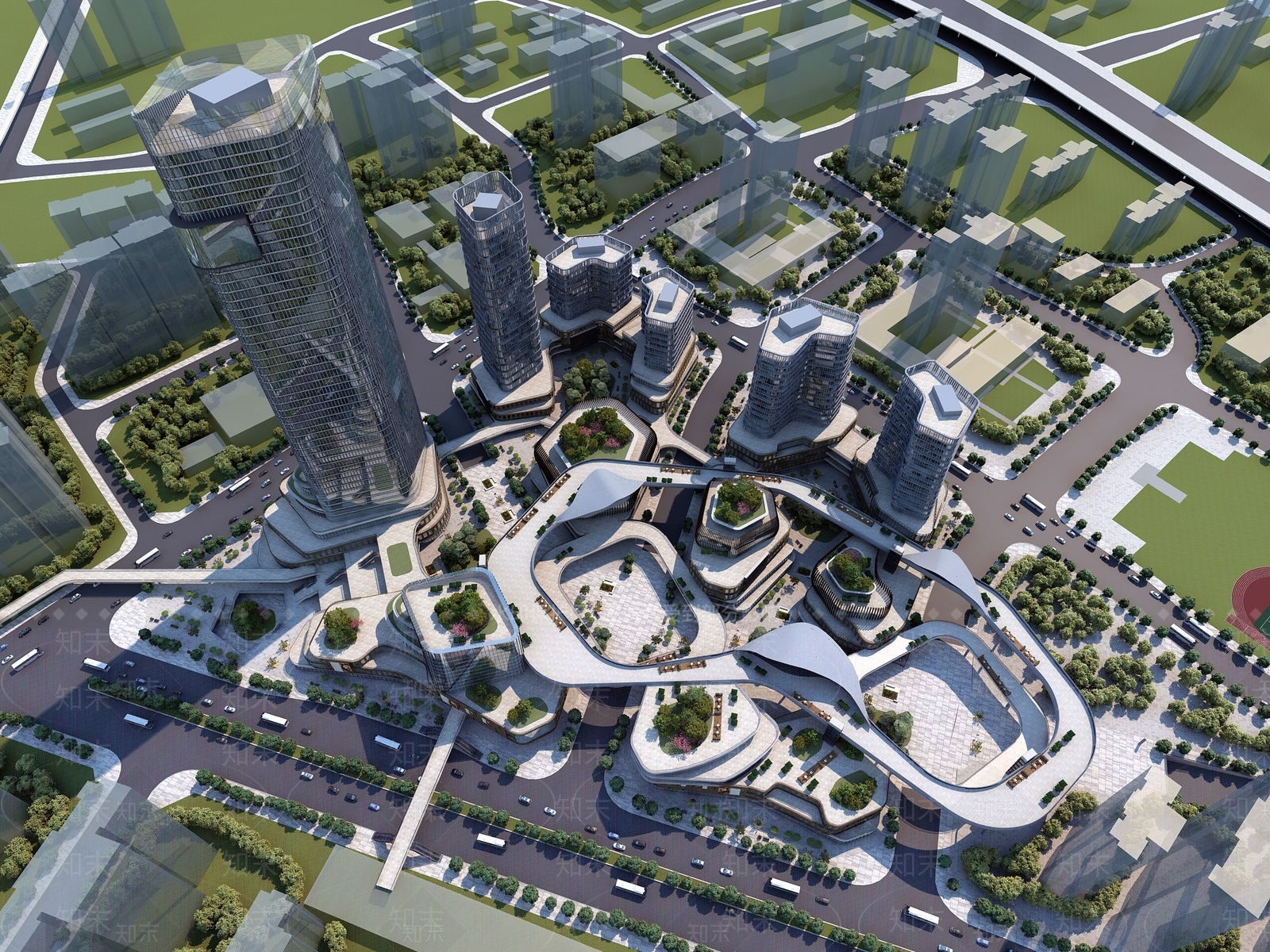 现代商业广场综合规划3D模型下载【ID:869327980】