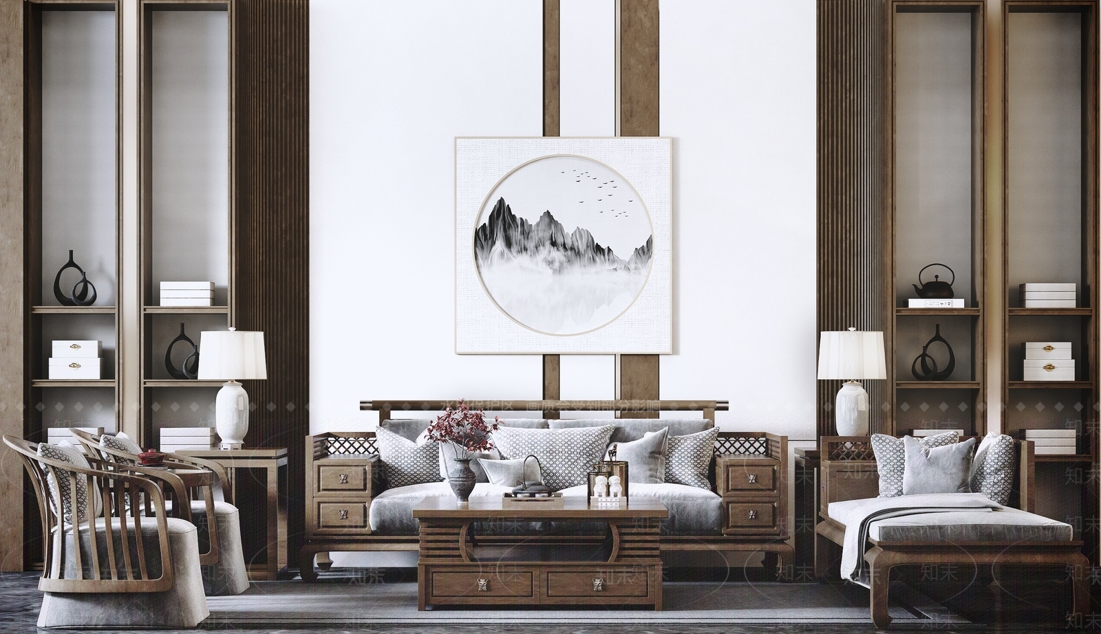 新中式实木沙发茶几组合3D模型下载【ID:769340702】