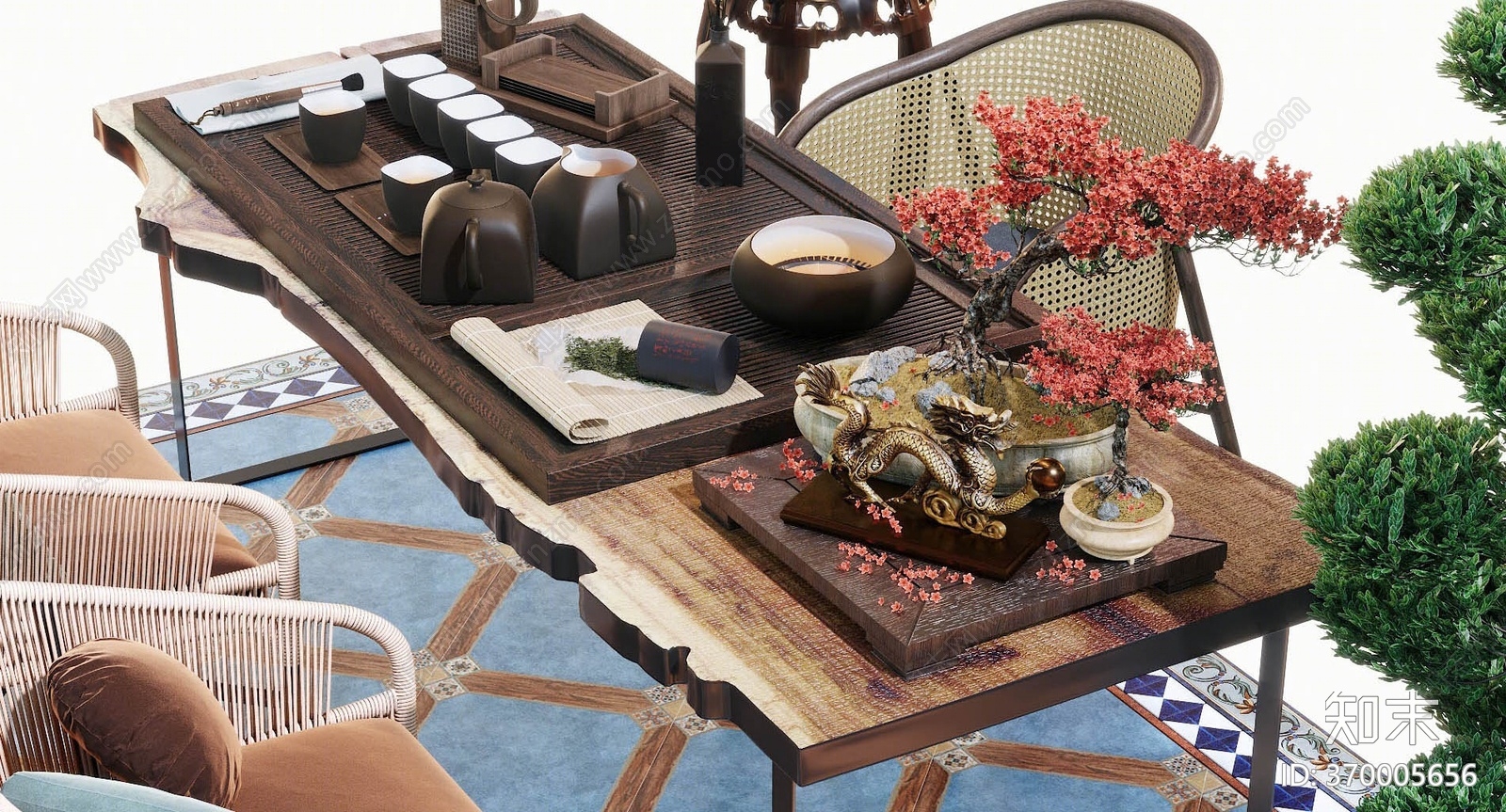 新中式茶桌椅组合3D模型下载【ID:370005656】