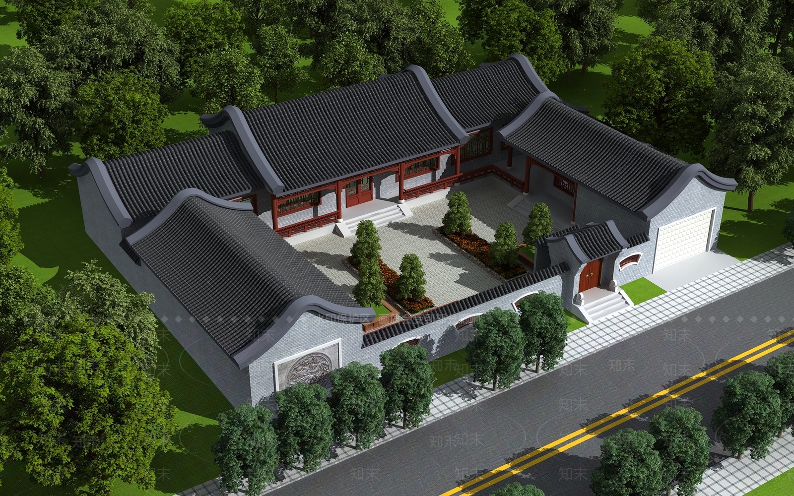 中式古建别墅外观3D模型下载【ID:970184876】