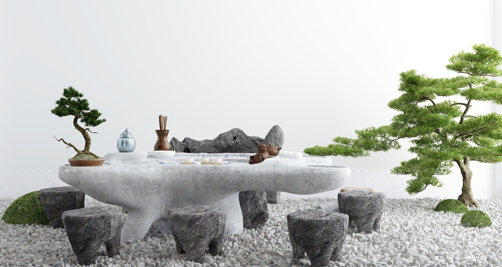 新中式假山水景3D模型渲染效果图