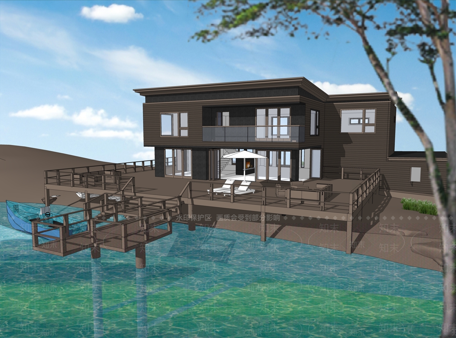 现代风格滨水独栋别墅SU模型下载【ID:270383357】