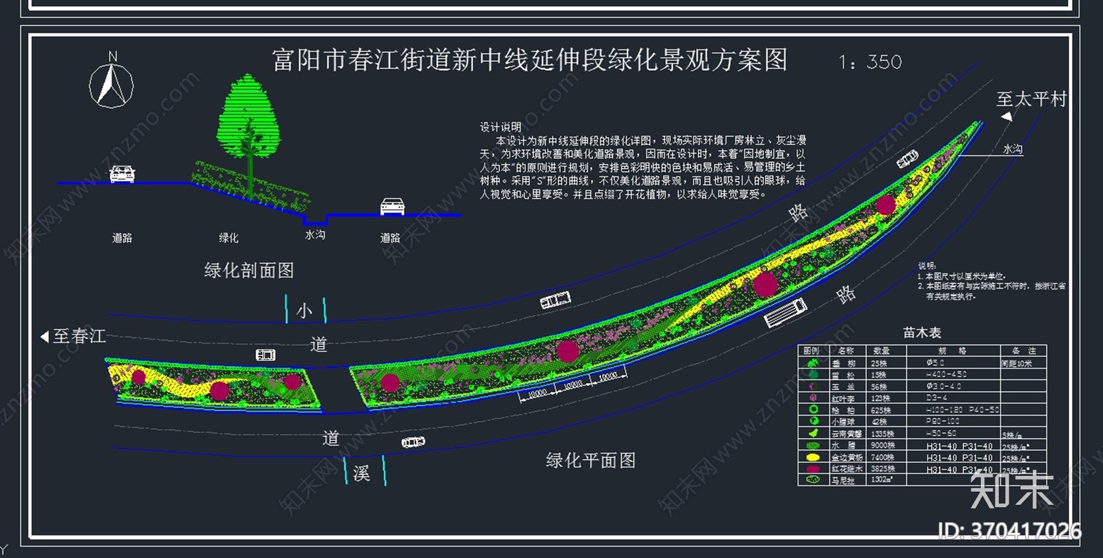 某街道新中线延伸段绿化平面图施工图下载【ID:370417026】