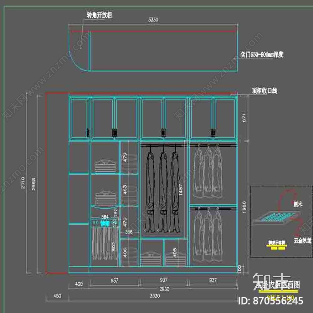 中式衣柜cad施工图下载【ID:870556245】