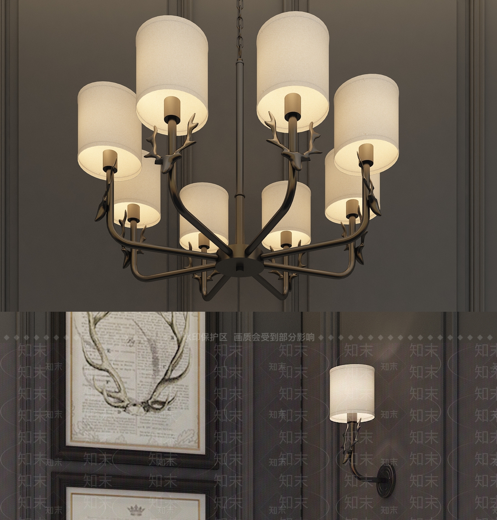 北欧鹿头吊灯3D模型下载【ID:570652853】