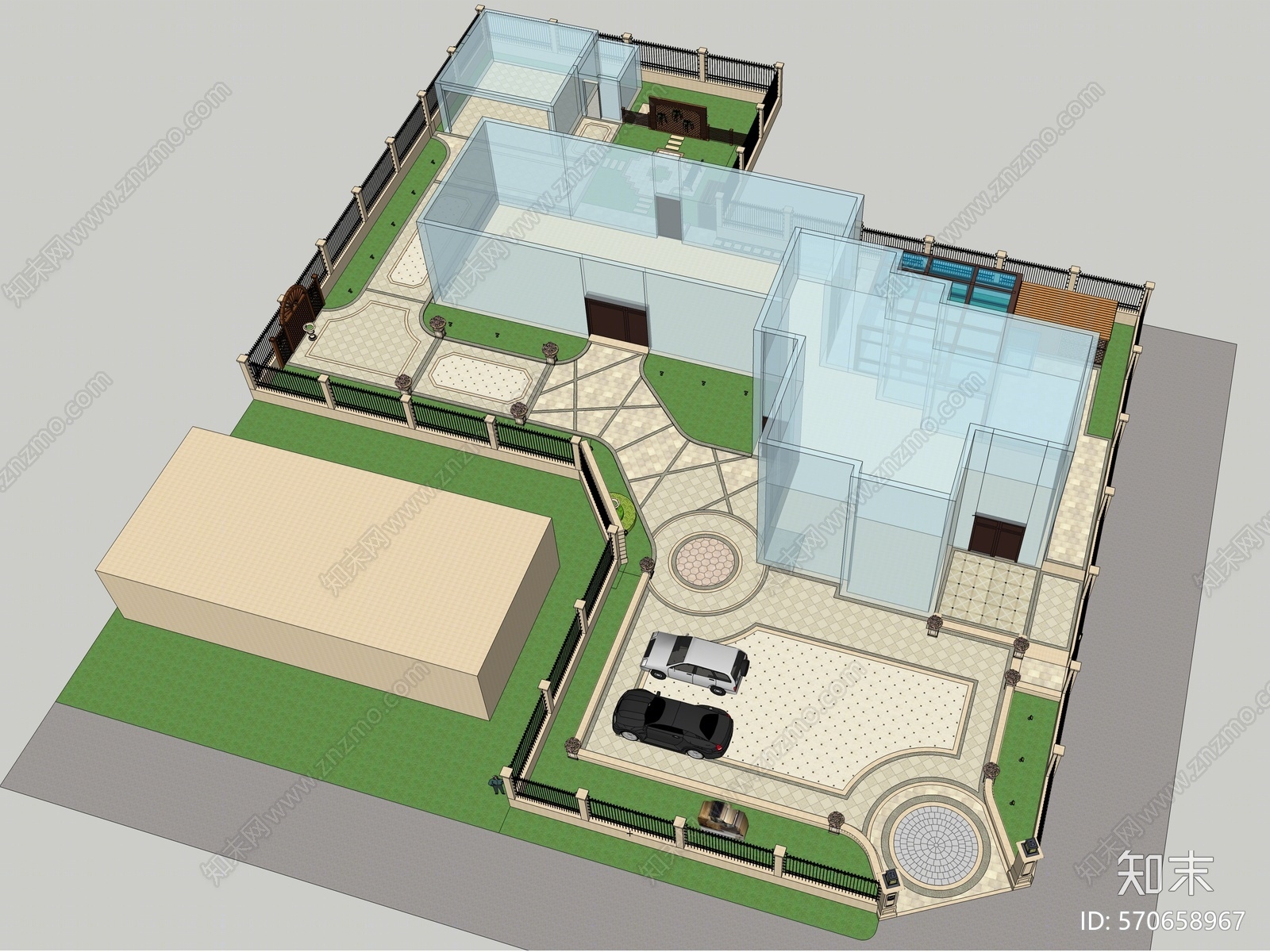 欧式风格别墅庭院景观SU模型下载【ID:570658967】
