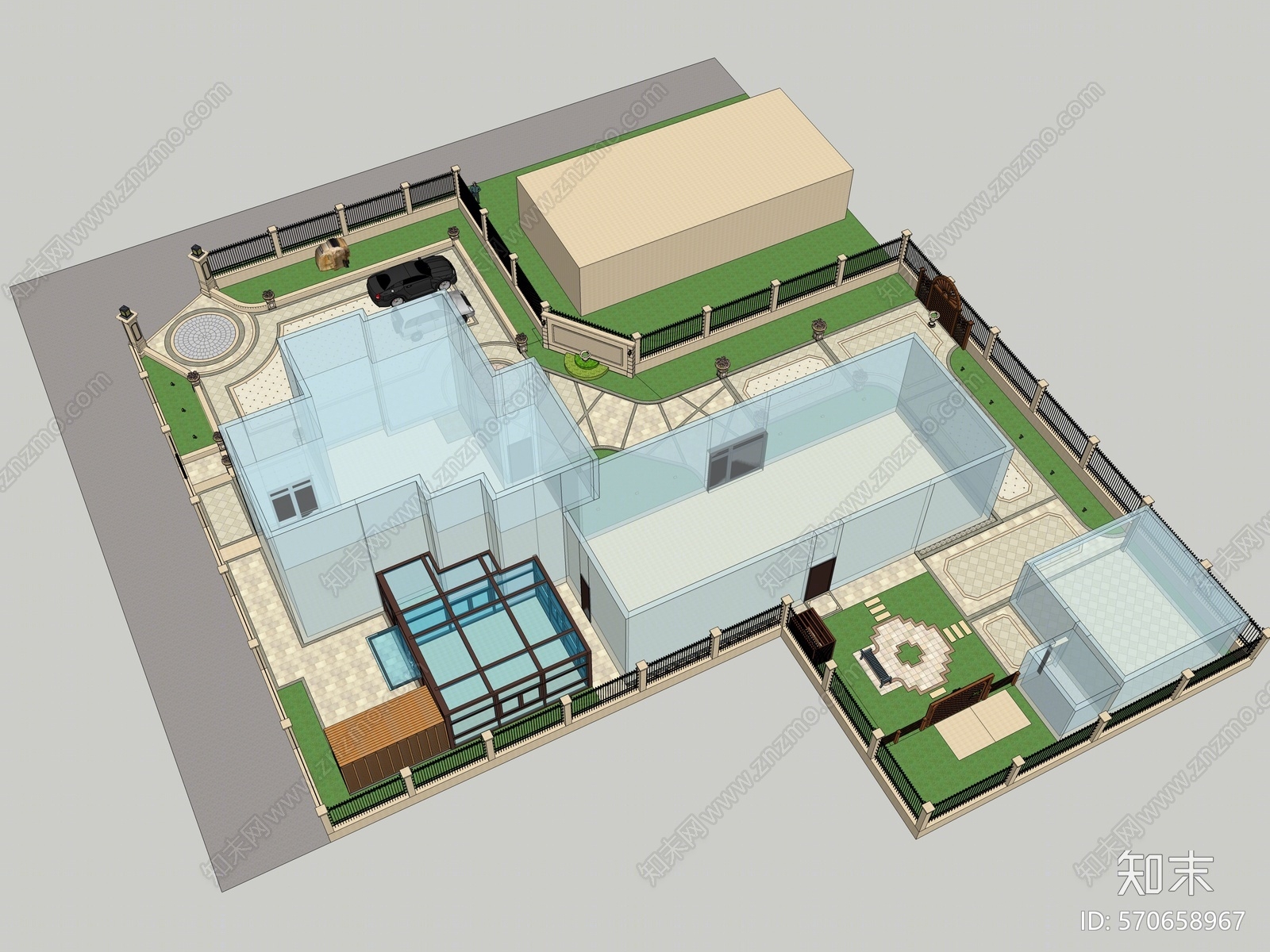 欧式风格别墅庭院景观SU模型下载【ID:570658967】
