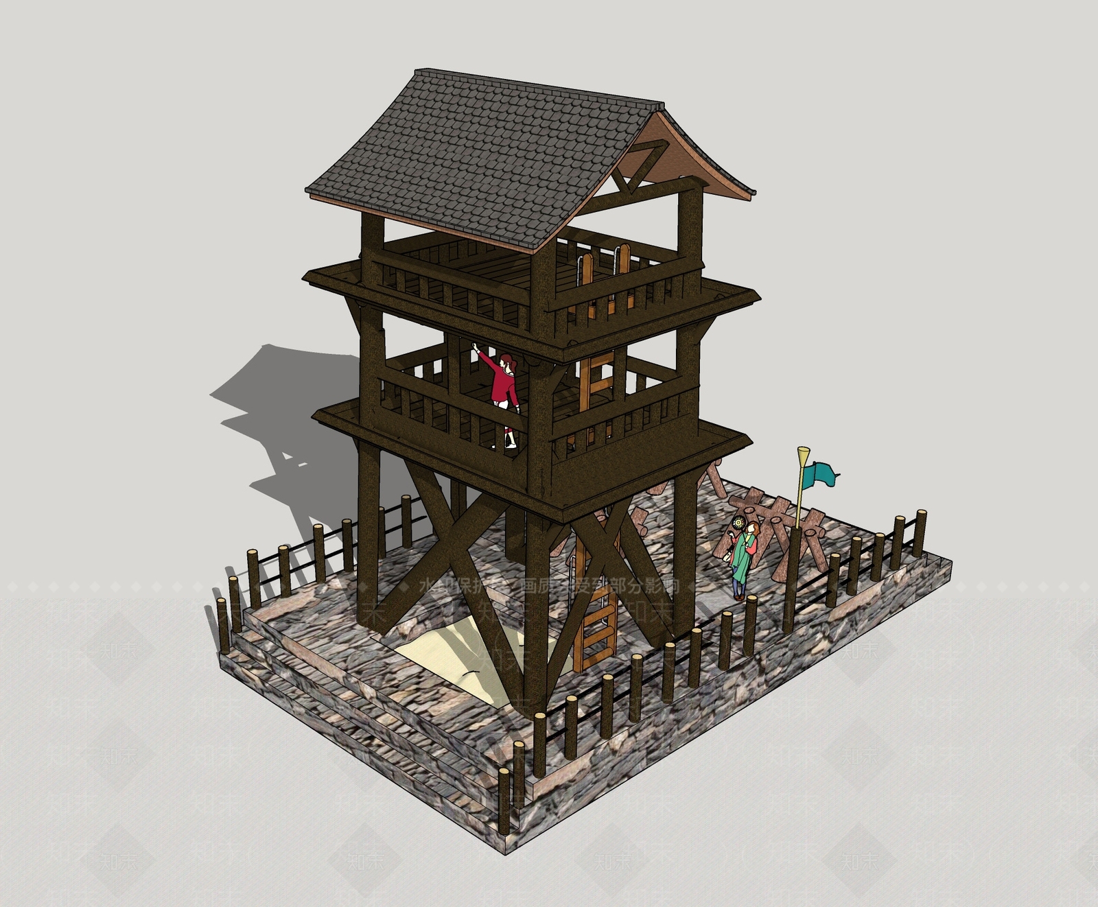 中式山寨塔楼SU模型下载【ID:570682366】