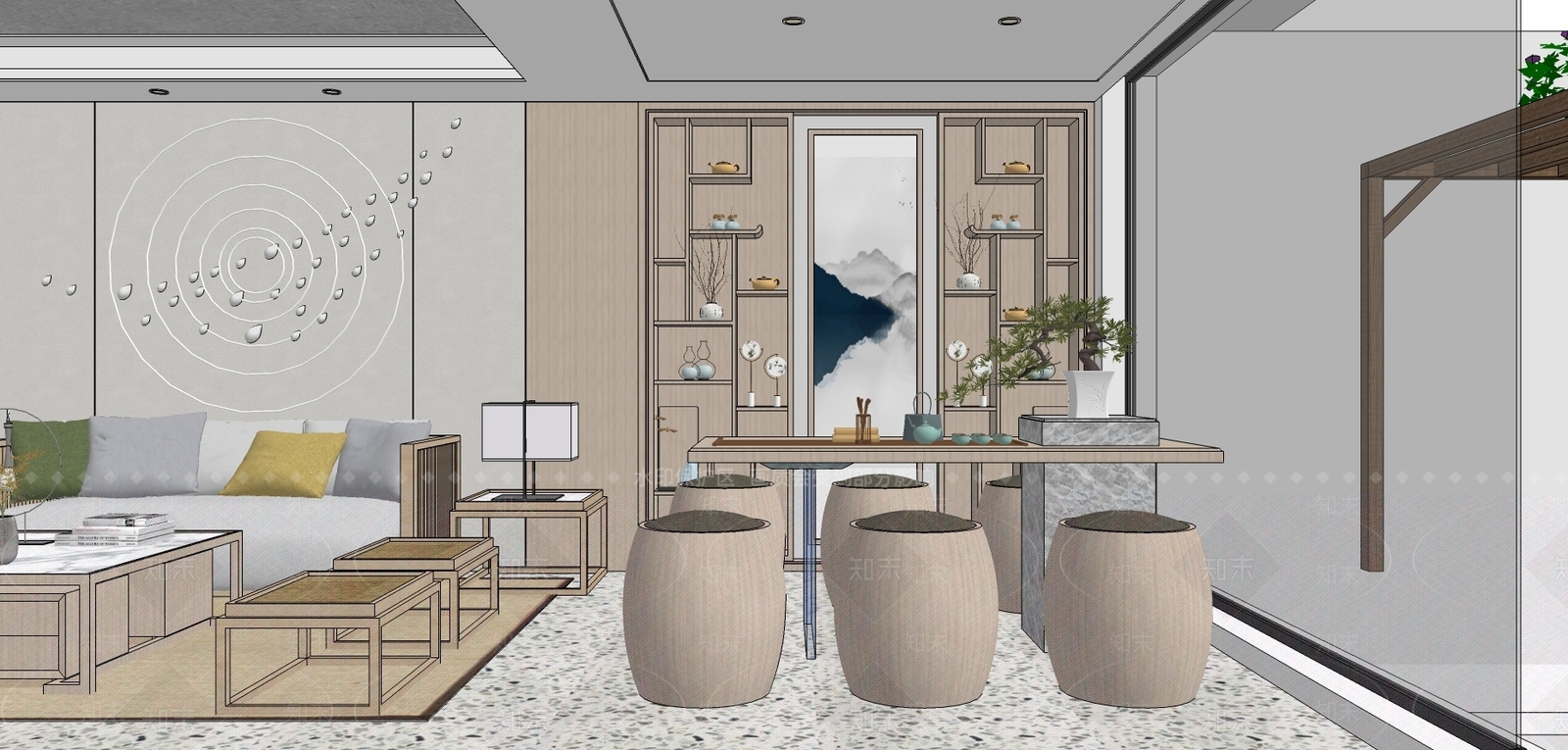 新中式风格茶室SU模型下载【ID:971426383】