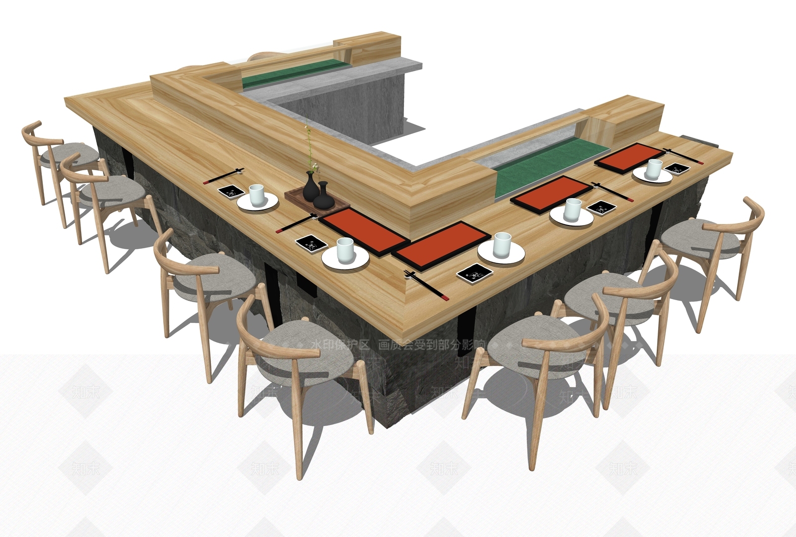 日式风格餐桌SU模型下载【ID:671814644】