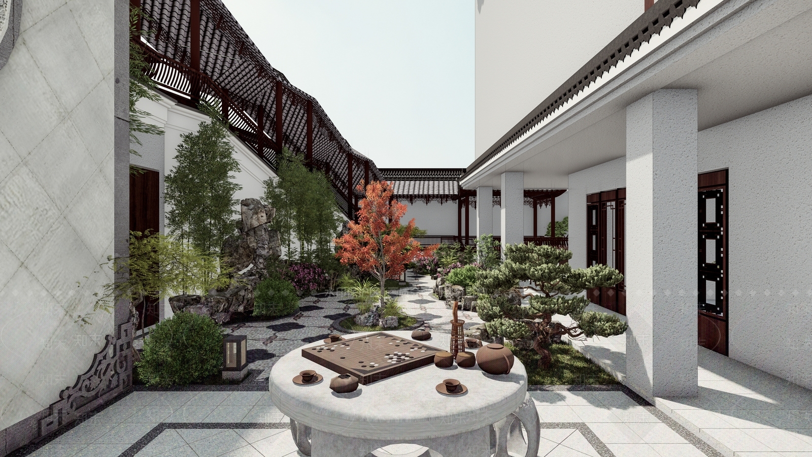 中式风格住宅景观SU模型下载【ID:571957477】