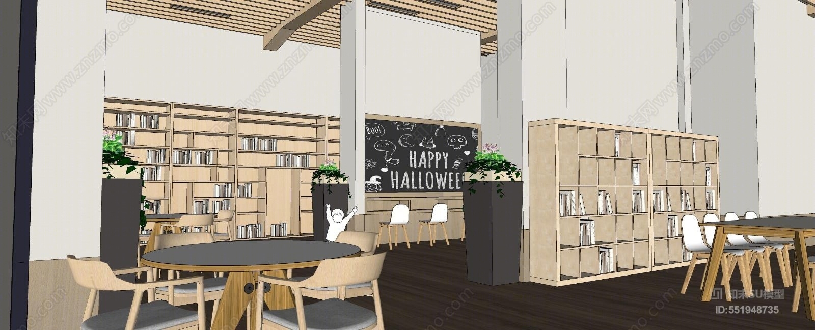 现代风格架空层书吧SU模型下载【ID:551948735】
