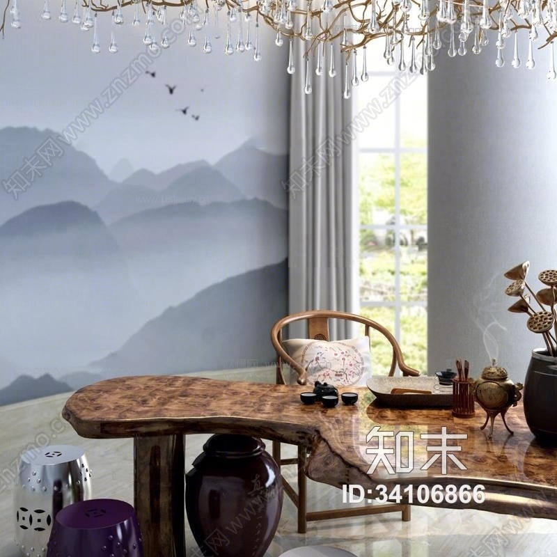 新中式茶桌茶具休闲椅吊灯凳子组合3D模型下载【ID:34106866】