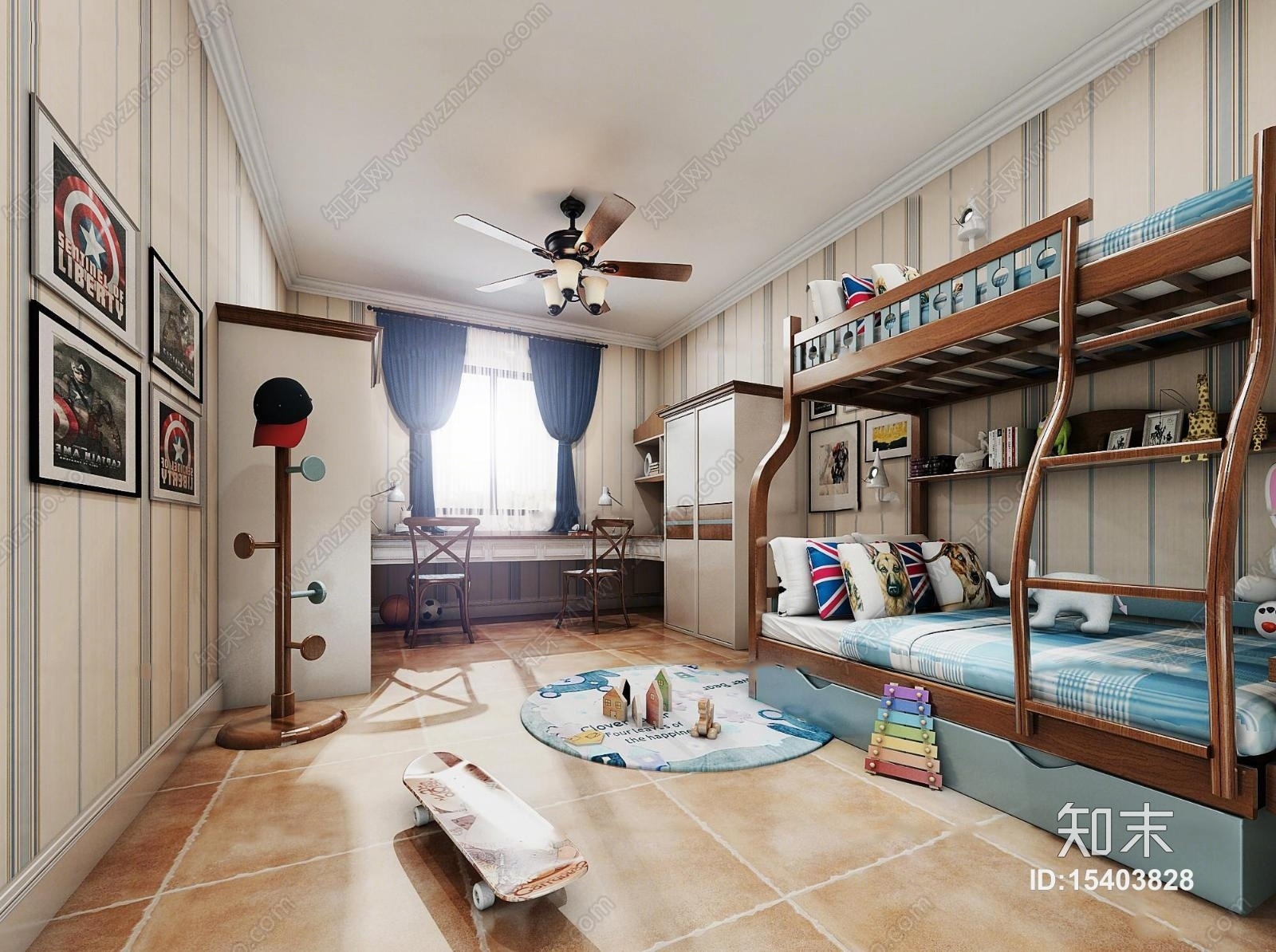 美式上下铺男孩儿童房3D模型下载【ID:15403828】