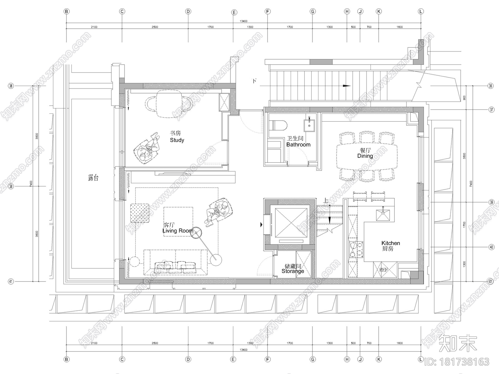 [上海]大宁府上叠三层三居别墅样板间施工图cad施工图下载【ID:181738163】