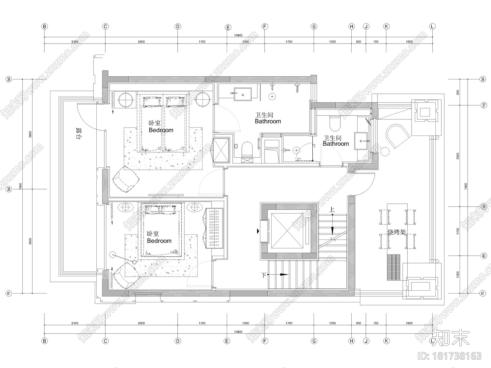 [上海]大宁府上叠三层三居别墅样板间施工图cad施工图下载【ID:181738163】