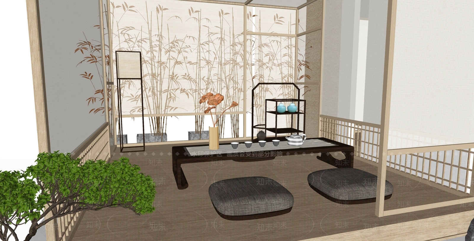 新中式榻榻米茶室SU模型下载【ID:972735384】