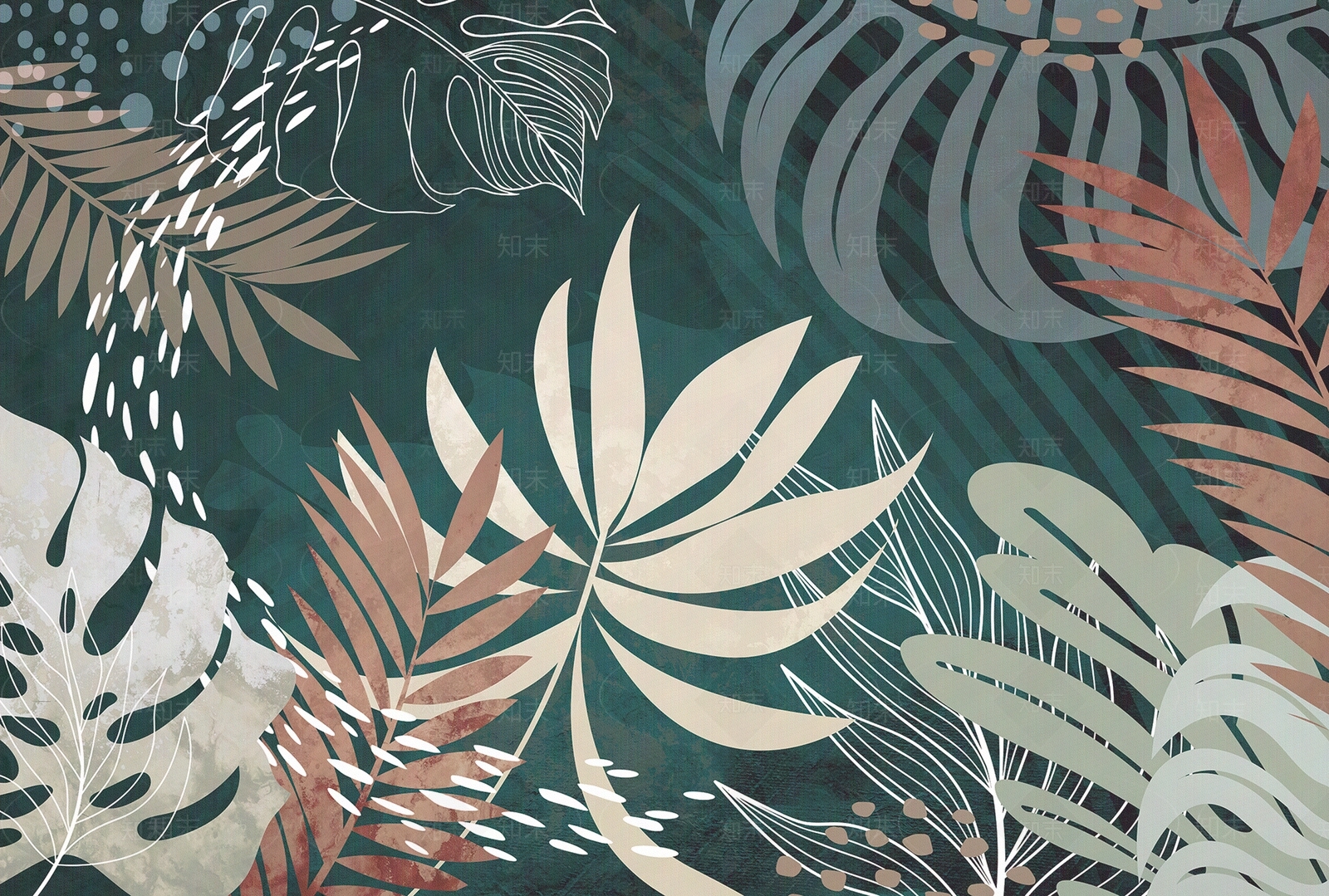 热带树叶壁画贴图下载【ID:372991361】