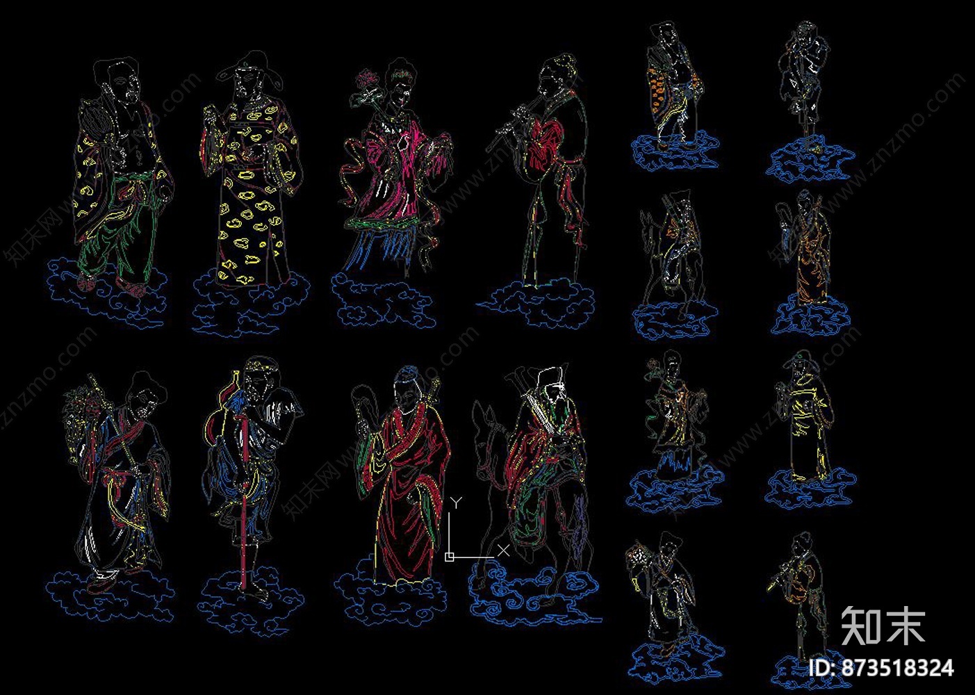 八仙过海人物CAD图案施工图下载【ID:873518324】