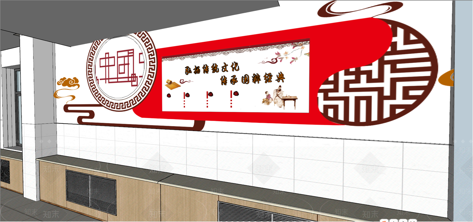 新中式风格学校大厅SU模型下载【ID:573684340】