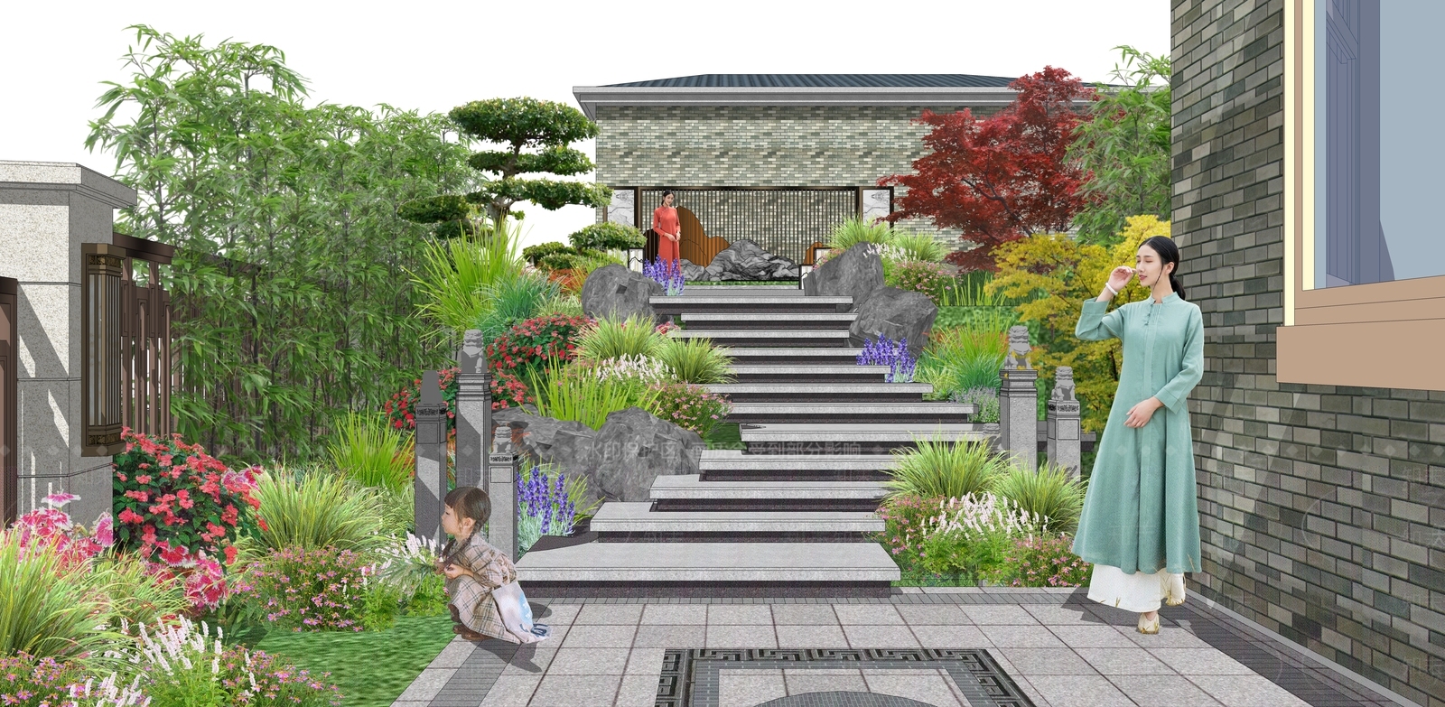新中式风格景观楼梯SU模型下载【ID:373745310】