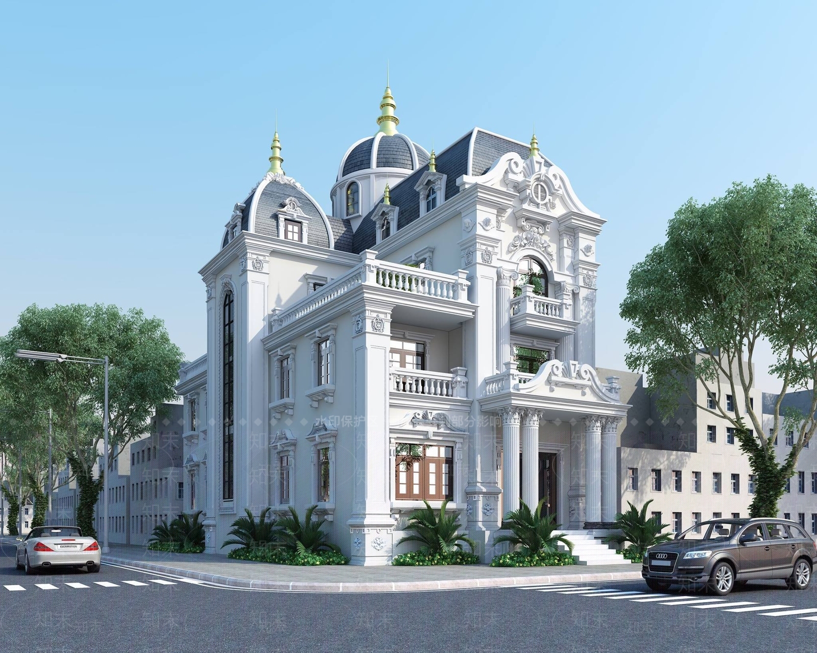 欧式古典别墅建筑外观3D模型下载【ID:973887843】