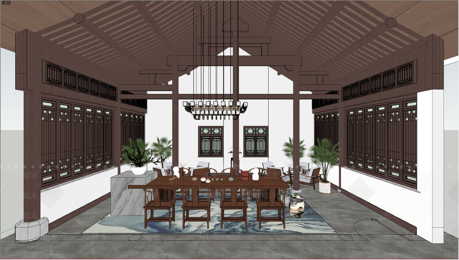 新中式风格公司休息区SU模型下载【ID:174568113】